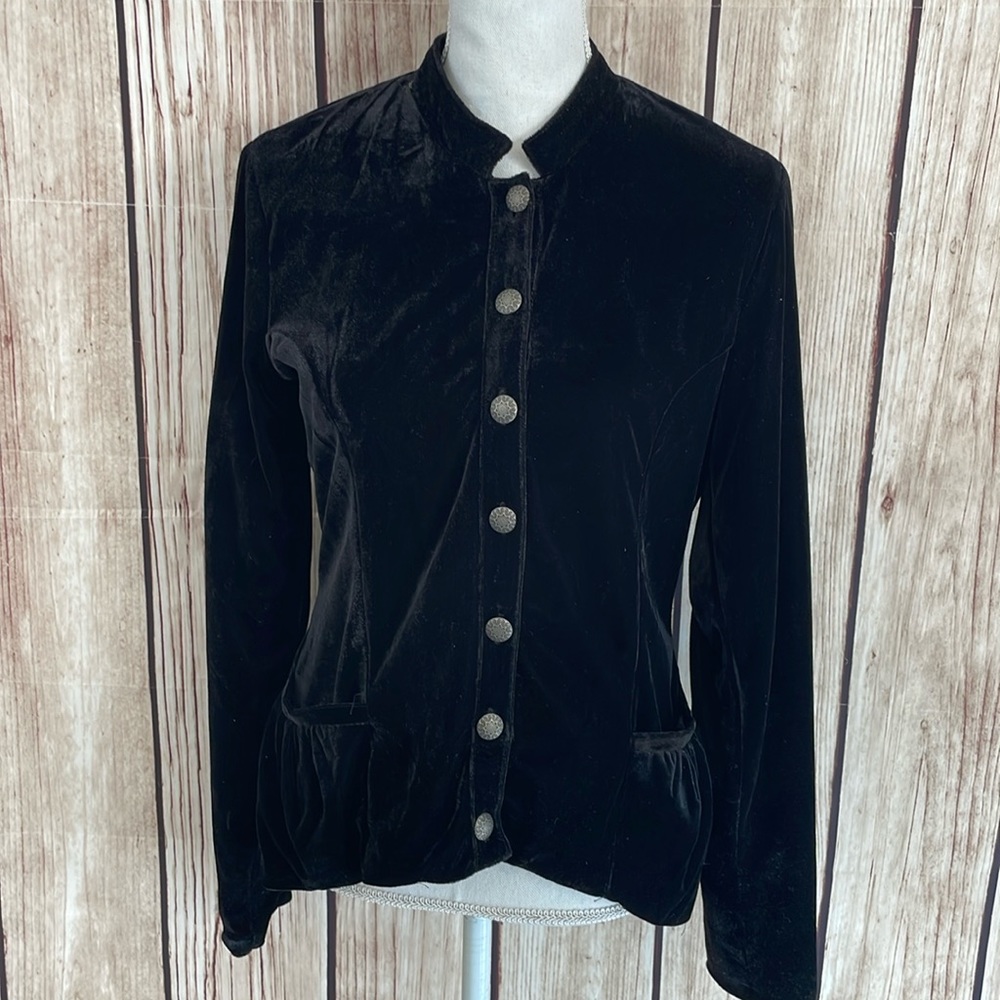 Lili & Q Velvet Button Down Jacket w/Floral Embroidered Back & Silver Buttons